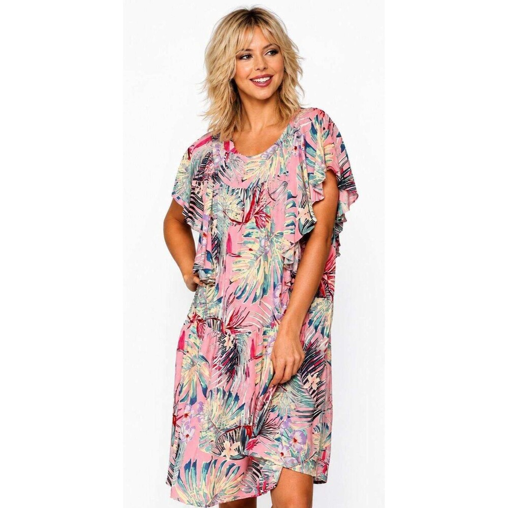 GIGIO M 8 10 Tropical Garden Pastel Pink Drop Waist Flowy Dress Side Pockets NWT